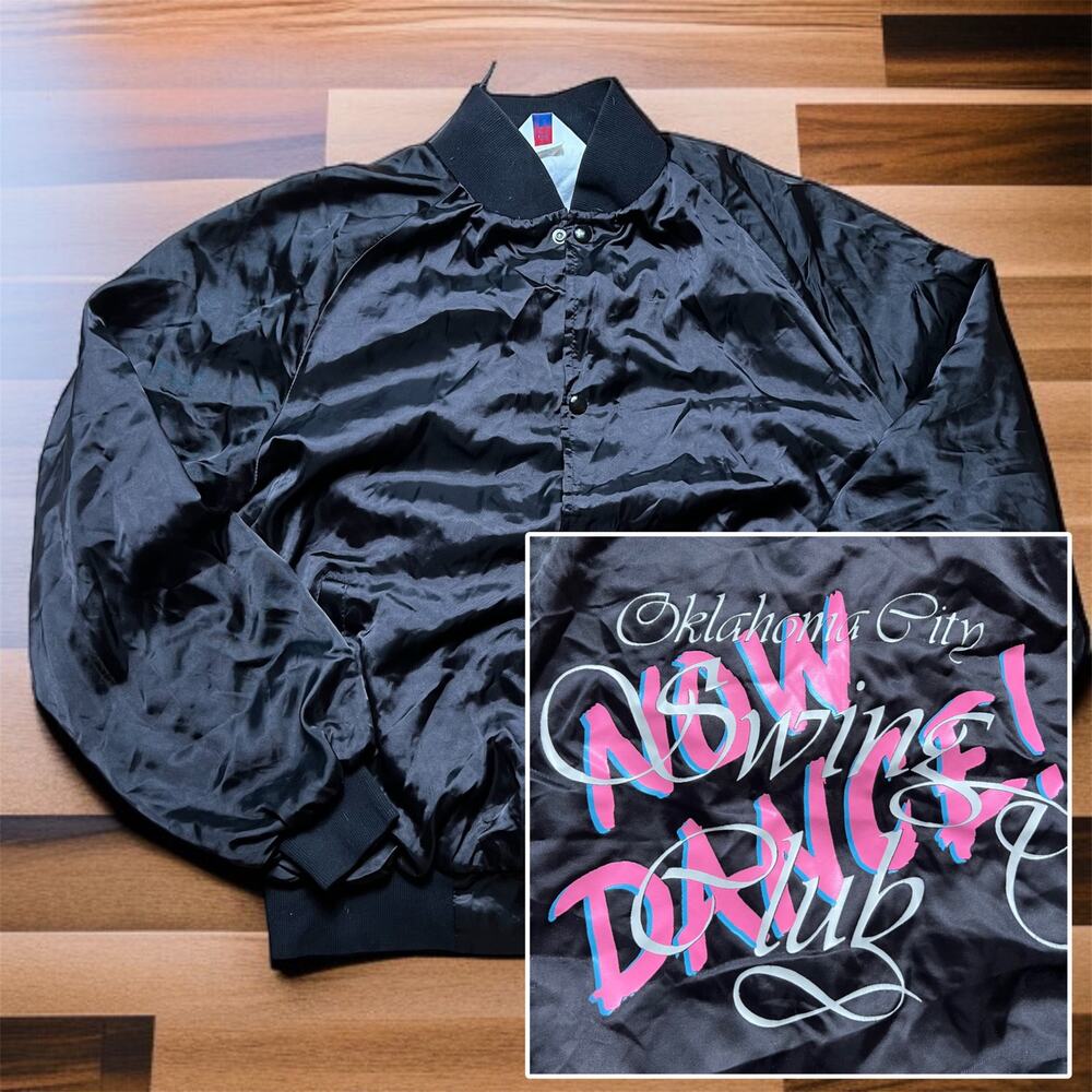 VINTAGE 80s Dance Club Bomber Jacket Size XL Windbreaker Black Satin Oklahoma